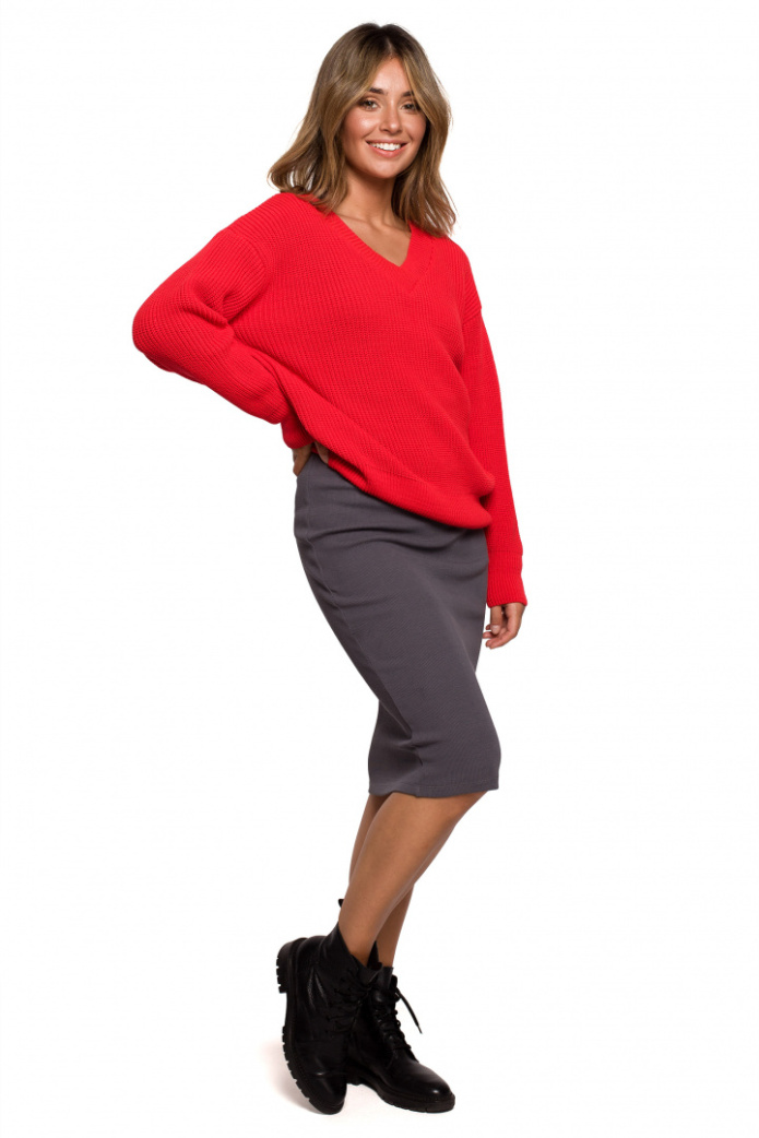 Sweter Damski - Oversize Klasyczny Do Bioder Dekolt V - czerwony